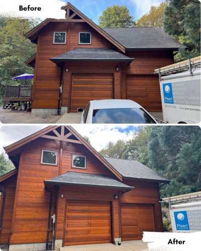 Before and after photos of a wooden house exterior painting by Pearl Painters in Portland.