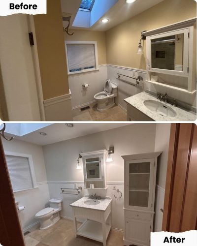 Before and after bathroom pics; after shows new paint by Pearl Painters in Portland, updated lighting, vanity, cabinet, lighter walls.