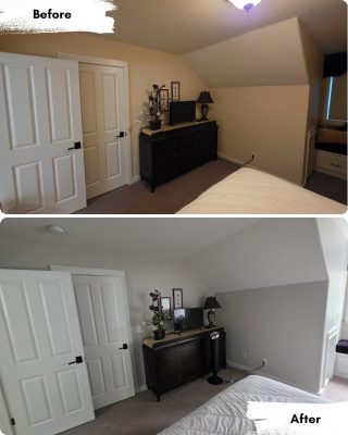 Before and after photos show a bedroom in Portland with a tan wall painted gray by Pearl Painters; furniture and decor are unchanged.