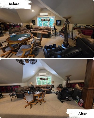 Before and after photos of a living room in Portland, rearranged for more open space with a new black recliner; Pearl Painters painting visible on the wall.