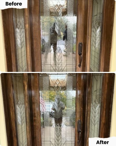 Pearl Painters Portland: before and after of glass door, painter restored cloudy glass to clear and clean.