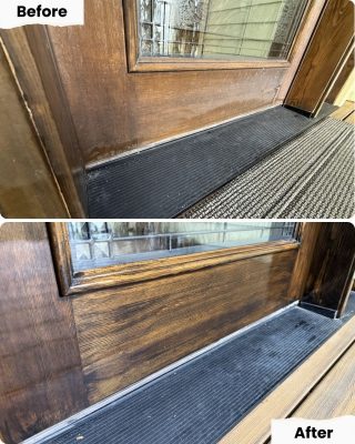Before and after photos show Pearl Painters in Portland cleaning and painting a wooden door frame for a polished look.
