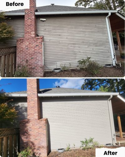 Side of a house before and after cleaning by Pearl Painters in Portland; siding is visibly cleaner and brighter after painting.