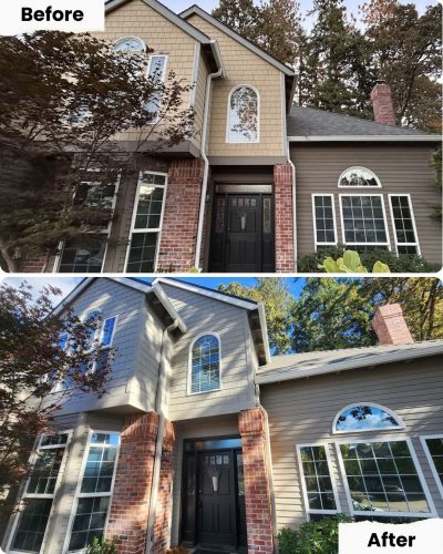 Before-and-after photos of a house painted gray by Pearl Painters, Portland; shows beige siding changed to uniform gray.