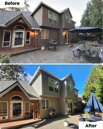 Before and after photos of a house exterior in Portland painted by Pearl Painters; patio area is cleaner and lighting improved.