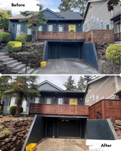 Before and after photos of a house exterior in Portland show Pearl Painters' work, with landscaping cleared and driveway opened up.