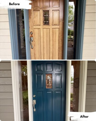 Before and after of a front door painted dark blue by Pearl Painters in Portland; hardware and surroundings stay the same.