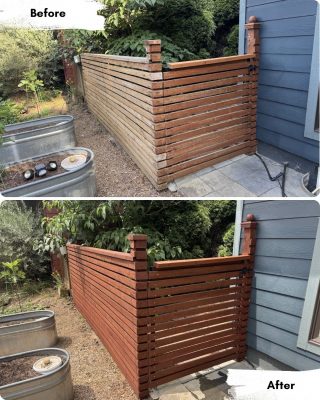 Before and after photos of a wooden fence next to a blue house in Portland, showing the wood darker and more vibrant after staining by Pearl Painters.