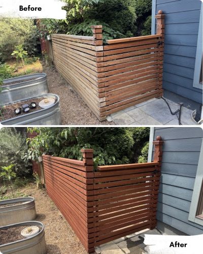 Before and after photos of a wooden fence next to a blue house in Portland, showing the wood darker and more vibrant after staining by Pearl Painters.