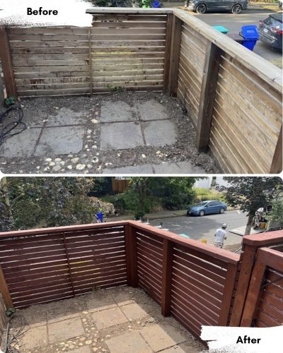 Side-by-side images of a small outdoor patio in Portland show a weathered wooden fence before and after Pearl Painters painted it; the second image shows freshly stained wood.
