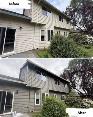 Pearl Painters' before-and-after photos of a Portland house: painters changed the exterior from beige to dark gray.