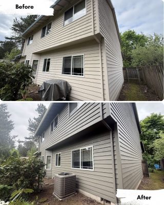 Side-by-side of a house in Portland before and after Pearl Painters painted new siding; the "after" shows fresh, even results.