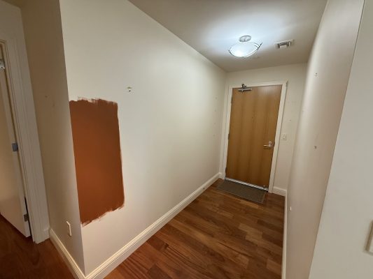 Hallway with hardwood floors, brown door, large brown paint test patch; overhead light on. Pearl Painters painting in Portland.