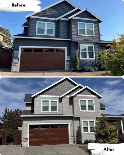 Before and after photos of a two-story house exterior, showing siding repainted from dark blue to light gray by Pearl Painters in Portland.