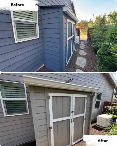 Before and after photos of a shed being painted by Pearl Painters in Portland.