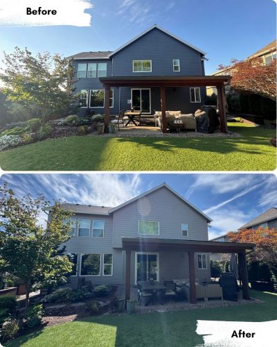 Before and after painting of a two-story house in Portland by Pearl Painters, showing siding color change from dark blue to light gray.