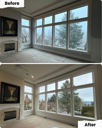Before and after of a Portland living room with large windows, painted by Pearl Painters; after image is brighter and clearer.