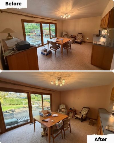 Before and after photos of a Portland dining area, painted by Pearl Painters, showing cleared clutter and improved lighting.