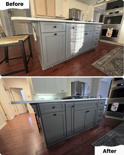 Before and after of a kitchen island upgrade in Portland by Pearl Painters, showing new quartz countertop on metal bracket.