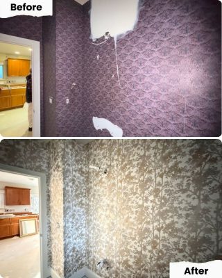 Portland painter from Pearl Painters replaced damaged purple wallpaper with beige-gray tree pattern; kitchen visible in both views.