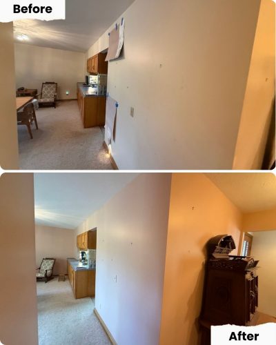 Before and after in Portland: living room wall painted by Pearl Painters, later fitted with a dark wooden cabinet.