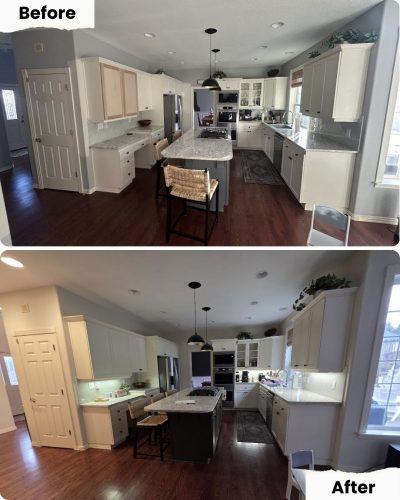 Before and after kitchen photos show Pearl Painters in Portland painted cabinets and walls white; layout and fixtures unchanged.