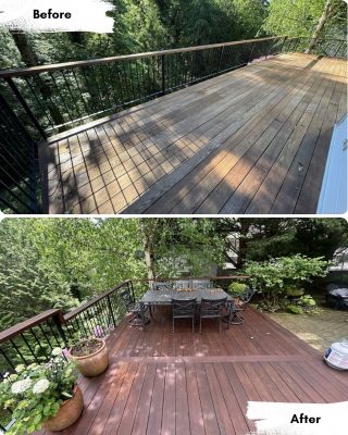 Before: empty, weathered deck; after: Portland painter stains deck reddish-brown and adds furniture and plants (Pearl Painters).