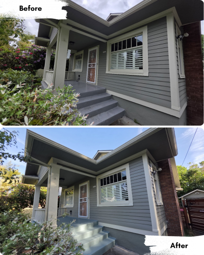 Side-by-side comparison of a house front porch in Portland, before and after painting by Pearl Painters; lower steps repainted from gray to pale blue, and siding looks brighter.