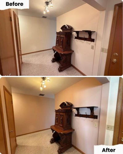 Before and after: painter replaced carpet with wood flooring in small room; furniture and lighting unchanged. Pearl Painters, Portland.