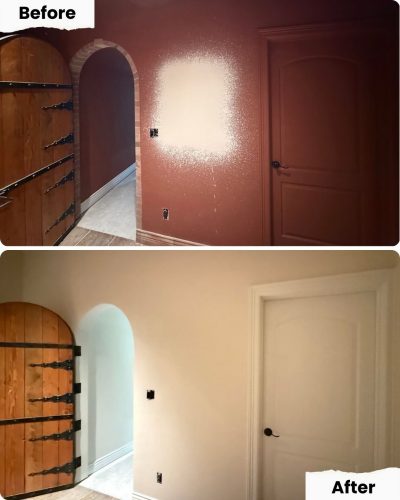 Before and after photos show Pearl Painters in Portland repainting a wall and door from dark red to smooth light beige.