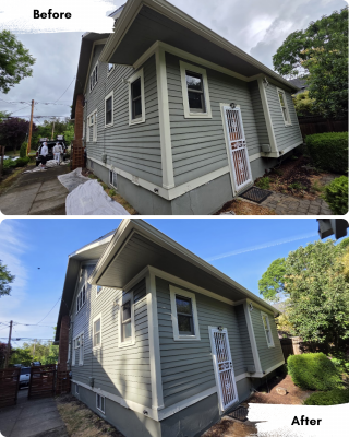Side-by-side before and after photos show a house exterior in Portland with brighter, freshly painted siding and tidier landscaping by Pearl Painters.