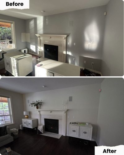 Before-and-after of living room renovation with new paint by Pearl Painters, Portland, showing mantle decor and rearranged furniture.