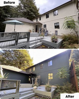Before: beige siding. After: Pearl Painters in Portland painted the house and deck a dark green shade.