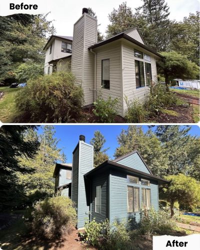 Pearl Painters painting job in Portland: side-by-side of house before (beige) and after (blue-green); similar landscaping.