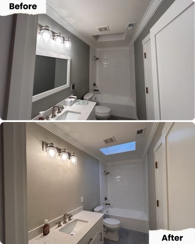 Before and after bathroom photos show Pearl Painters painting gray walls a lighter shade in Portland; fixtures and layout unchanged.