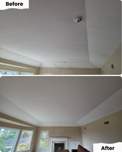 Before-and-after photos show Pearl Painters in Portland smoothing a ceiling; the after shot shows a flat, finished surface.