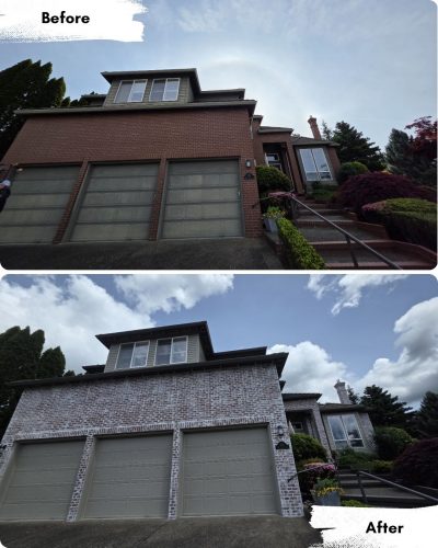 Before and after: painter in Portland painted house's red brick exterior white; landscaping and garage doors unchanged. Pearl Painters.