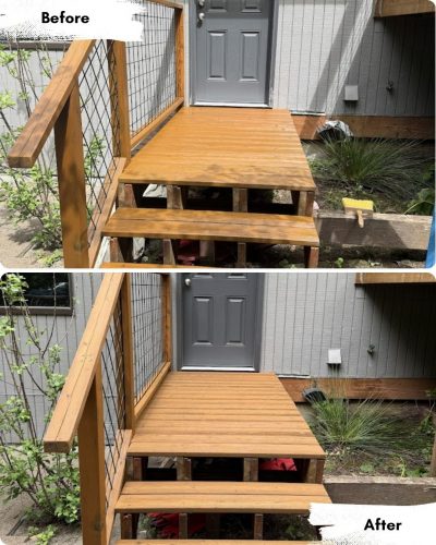 Before and after photos of a wooden porch repair by Pearl Painters in Portland; boards are fixed, steps and surface look even.