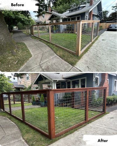 Before and after photos of a house in Portland: Pearl Painters stained the light wood and wire fence a darker brown.