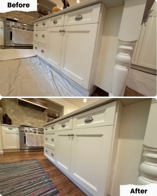 Before and after kitchen cabinet by Portland painter Pearl Painters; cabinet prepped for painting, then shown with new hardware and rug.