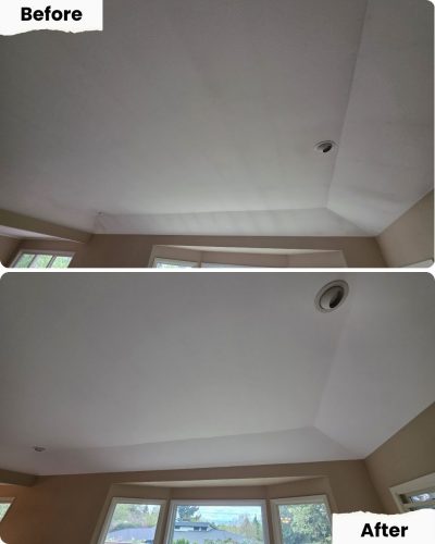 Before and after ceiling cleaning by Pearl Painters, Portland; shows dull, stained ceiling vs. one brightened for painting.