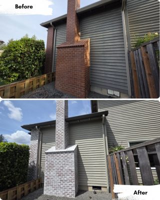 Before-and-after photos of a Portland house chimney painted white by Pearl Painters, showing red brick before painting.