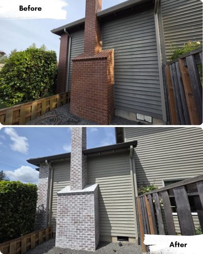 Before-and-after photos of a Portland house chimney painted white by Pearl Painters, showing red brick before painting.