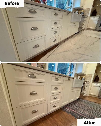 Before: kitchen cabinets prepped for painting with drop cloth; after: painted by Pearl Painters in Portland, striped rug added.