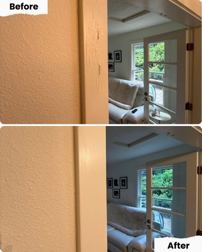 Before and after images of a door frame in Portland; Pearl Painters fixed damage and repainted for a smooth finish.