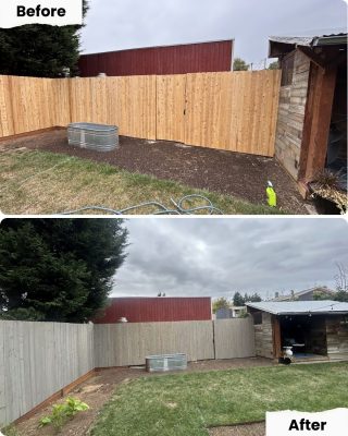 Pearl Painters in Portland painted the wooden fence gray; painter improved shed neatness and updated landscaping.