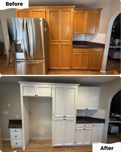 Before and after of a kitchen in Portland: cabinets painted white by Pearl Painters; refrigerator is removed in the after shot.