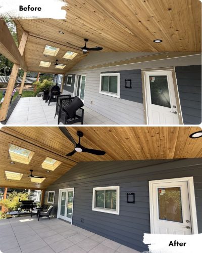 Pearl Painters in Portland painted the covered patio siding and trim from light gray to dark gray; furniture stays unchanged.