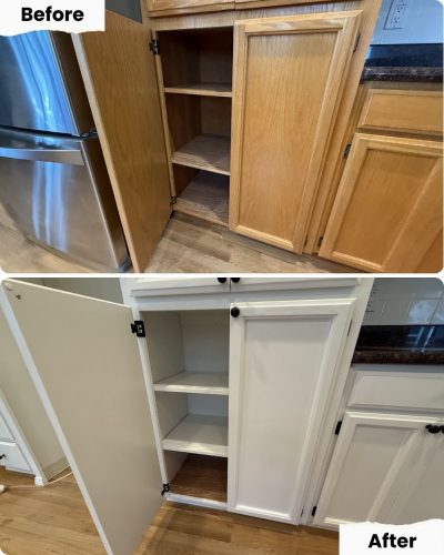 Kitchen cabinets before and after painting by Pearl Painters in Portland, changing wood finish to white with black handles.