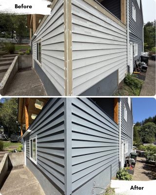 Side-by-side photos of a house in Portland show siding painted by Pearl Painters from weathered white to blue-gray.